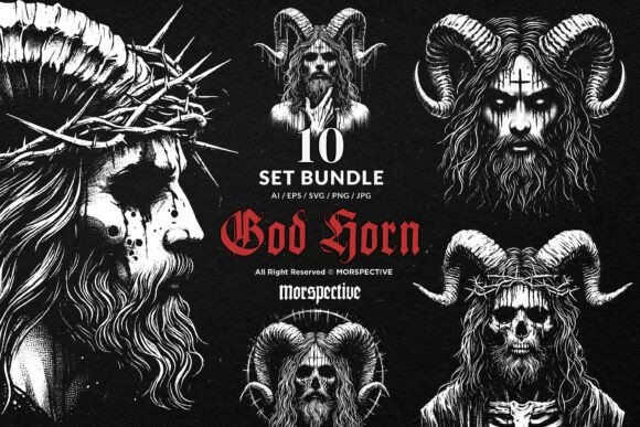 10 Bundle Dark Art God Horn Jesus Demon Illustrations